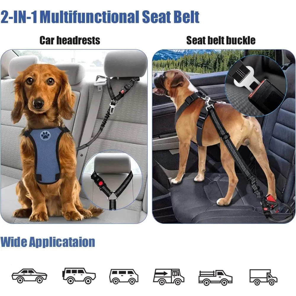 2-In-1 Dog Car Seatbelt Headrest Restraint Adjustable Reflective Pet Safety Seat Belt Clip Buckle Tether Large Medium Small Dogs